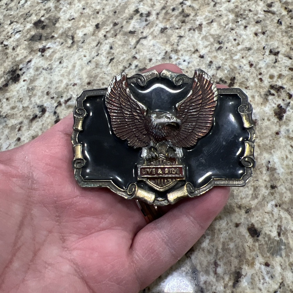 Vintage Harley Davidson Brass & Enamel Inlay Belt Buckle Rare 1980'S eagle
